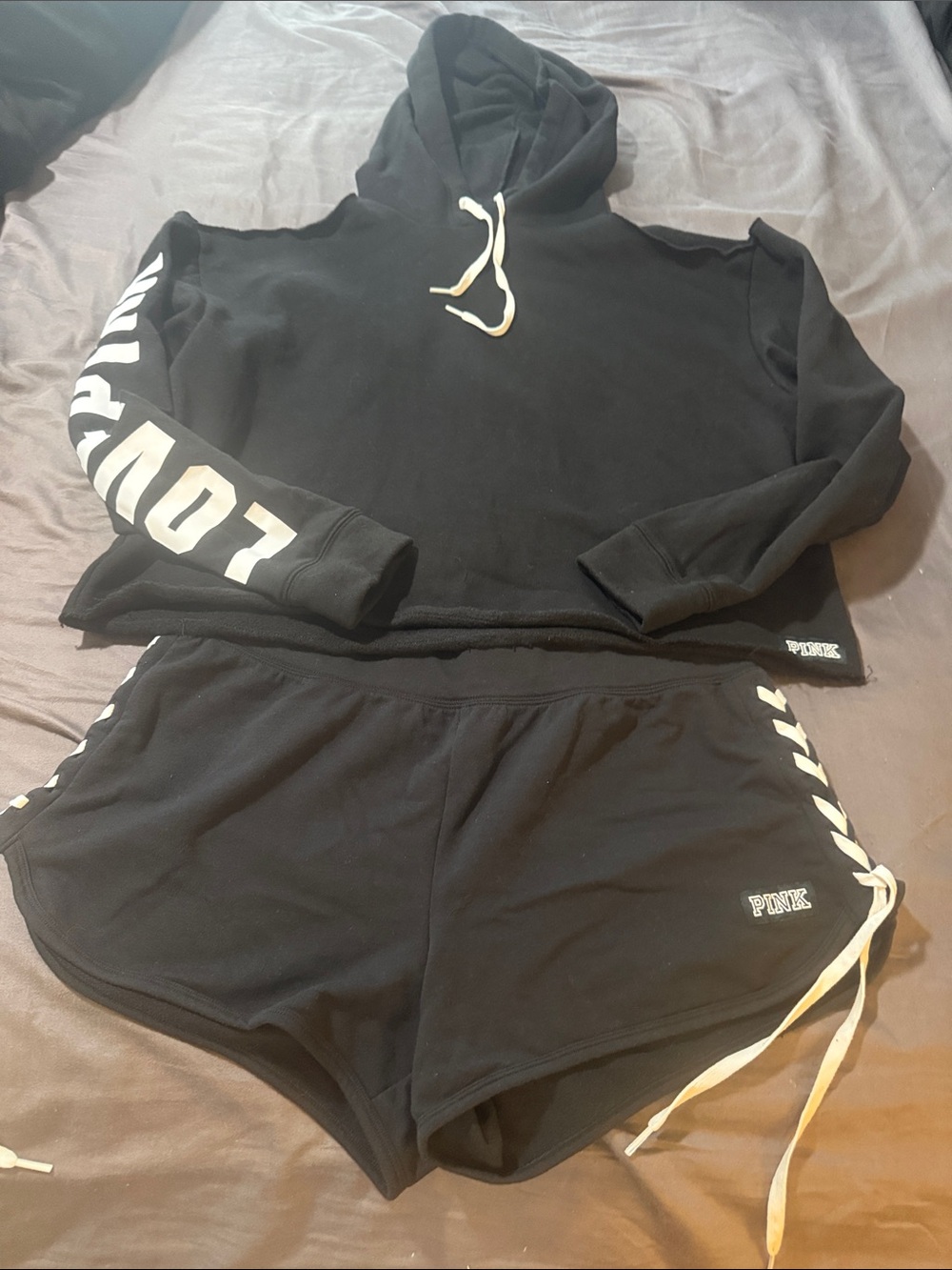 PINK Victoria's Secret Black Open-Shoulder Crop Hoodie & Lace-Up Shorts Set NWOT